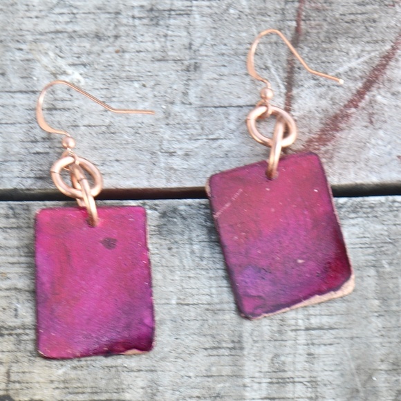 Pink Purple Solid Copper Earrings Drop Dangle Handmade Boho Rustic Cute Gift - Picture 2 of 2